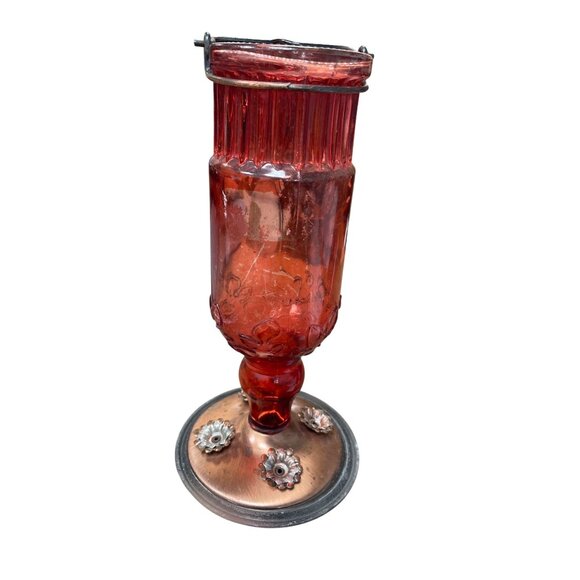 Vintage Woodstream Corp Floral Glass & Copper Hummingbird Feeder Red SKU 9317 - Picture 5 of 12